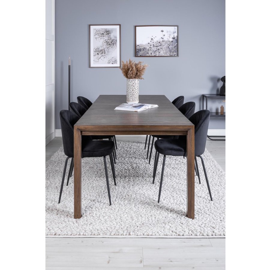 VENTURE DESIGN Slider spisebordsst, m. 6 stole - smoked egefiner/eg og sort fljl/sort metal