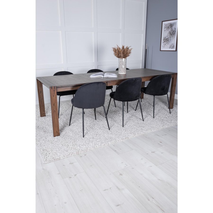 VENTURE DESIGN Slider spisebordsst, m. 6 stole - smoked egefiner/eg og sort fljl/sort metal