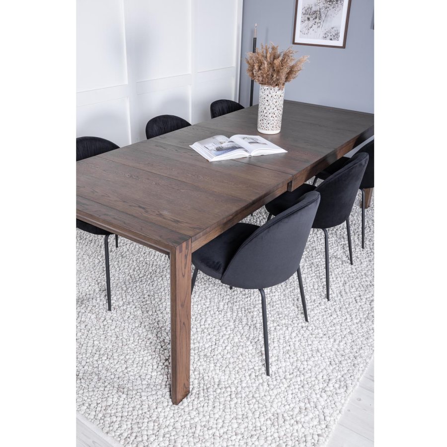 VENTURE DESIGN Slider spisebordsst, m. 6 stole - smoked egefiner/eg og sort fljl/sort metal