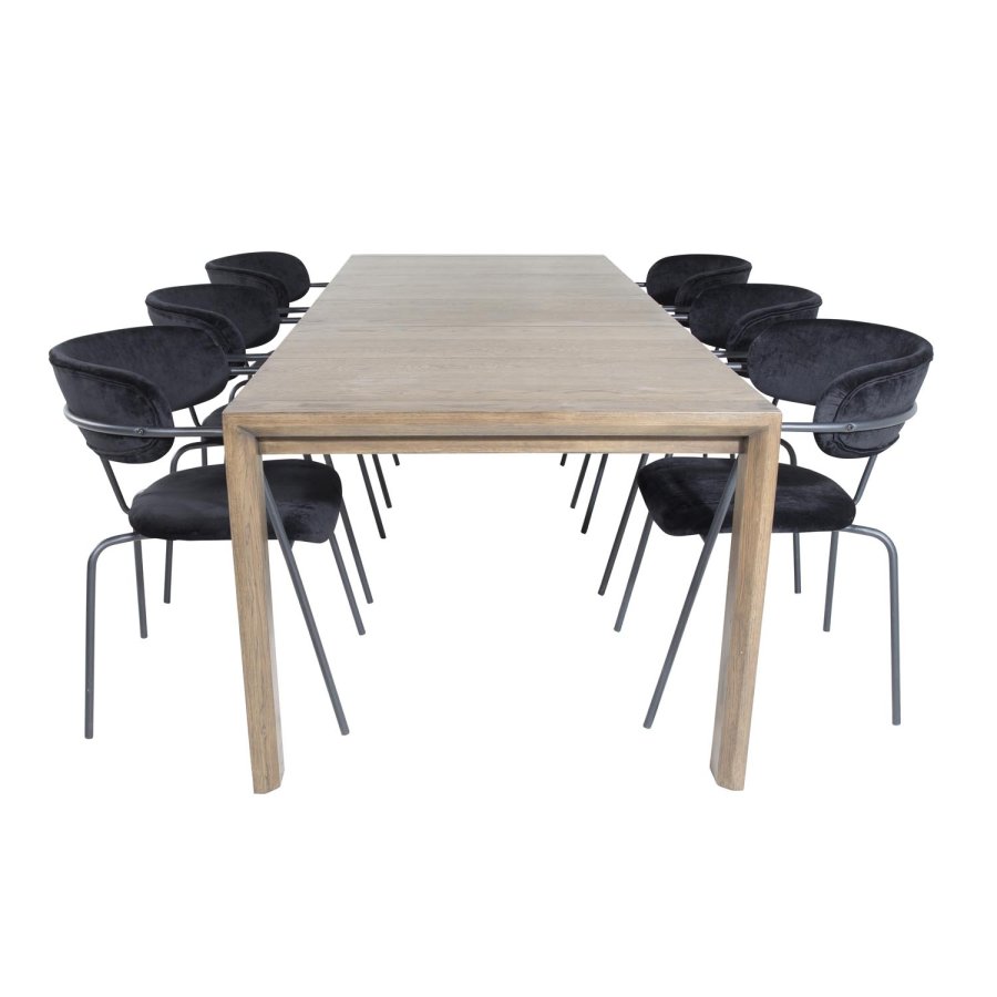 VENTURE DESIGN Slider spisebordsst, m. 6 stole - smoked egefiner/eg og sort fljl/sort metal