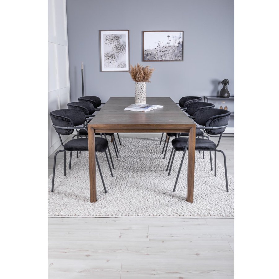 VENTURE DESIGN Slider spisebordsst, m. 6 stole - smoked egefiner/eg og sort fljl/sort metal