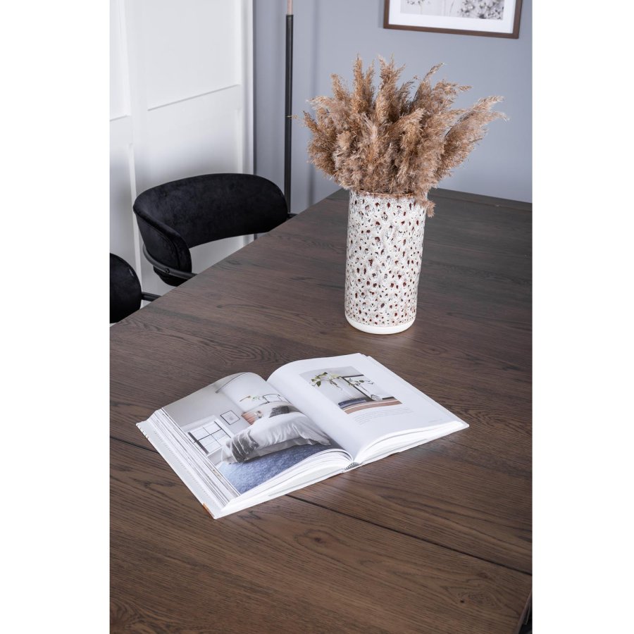 VENTURE DESIGN Slider spisebordsst, m. 6 stole - smoked egefiner/eg og sort fljl/sort metal