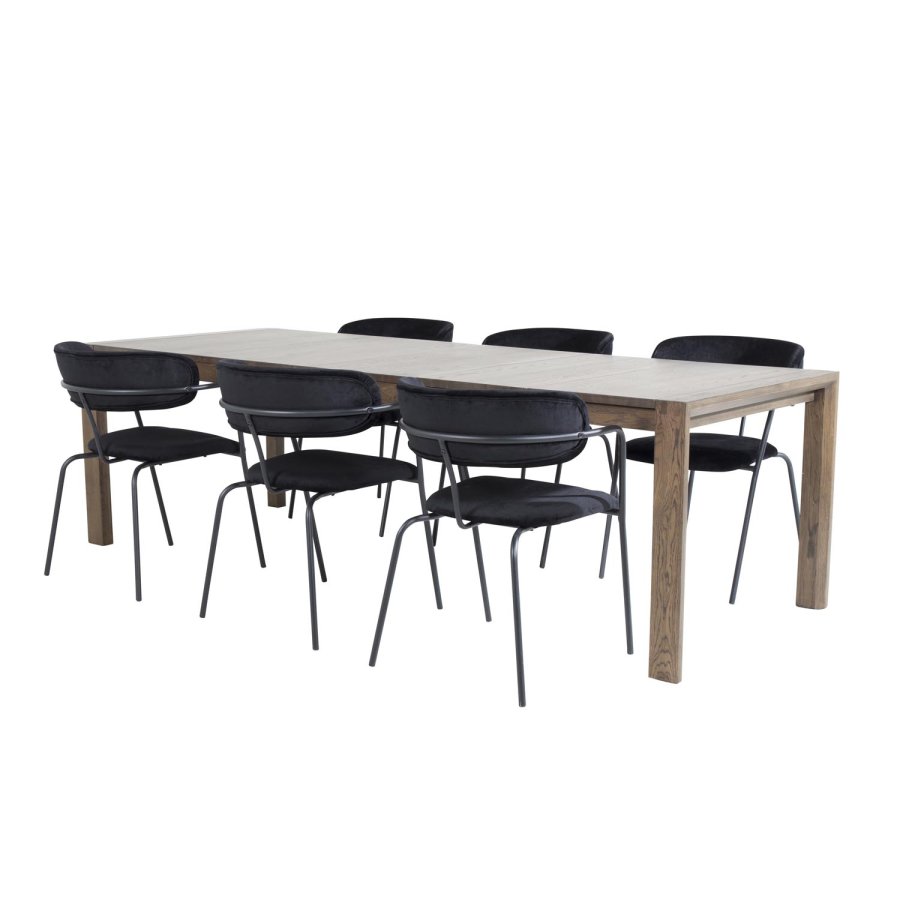 VENTURE DESIGN Slider spisebordsst, m. 6 stole - smoked egefiner/eg og sort fljl/sort metal