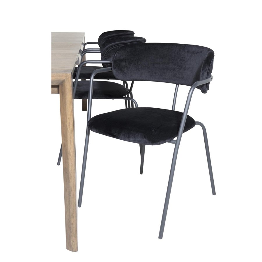 VENTURE DESIGN Slider spisebordsst, m. 6 stole - smoked egefiner/eg og sort fljl/sort metal