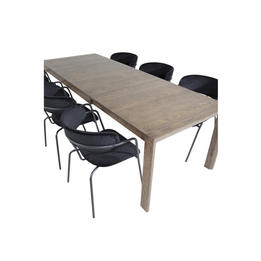 VENTURE DESIGN Slider spisebordsst, m. 6 stole - smoked egefiner/eg og sort fljl/sort metal