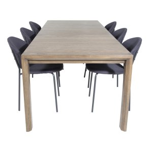 VENTURE DESIGN Slider spisebordsst, m. 6 stole - smoked egefiner/eg og sort stof/sort metal