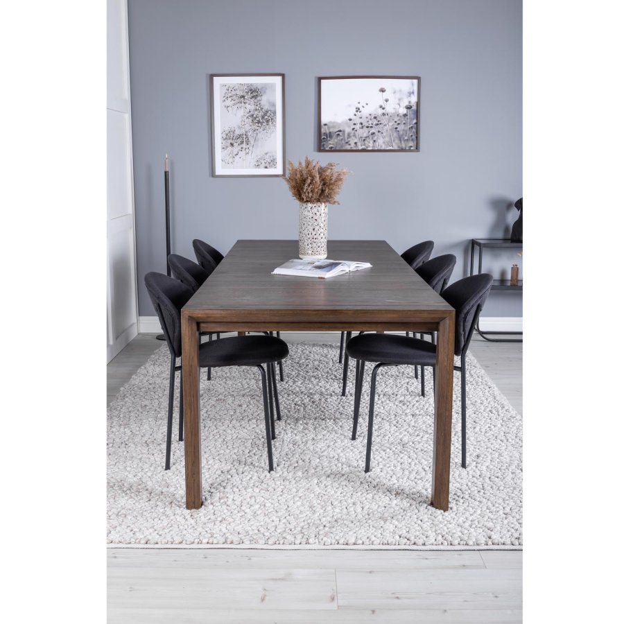 VENTURE DESIGN Slider spisebordsst, m. 6 stole - smoked egefiner/eg og sort stof/sort metal