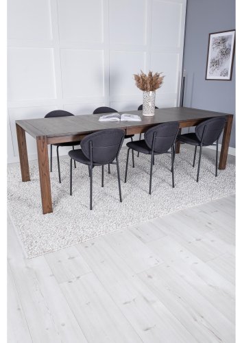 VENTURE DESIGN Slider spisebordsst, m. 6 stole - smoked egefiner/eg og sort stof/sort metal