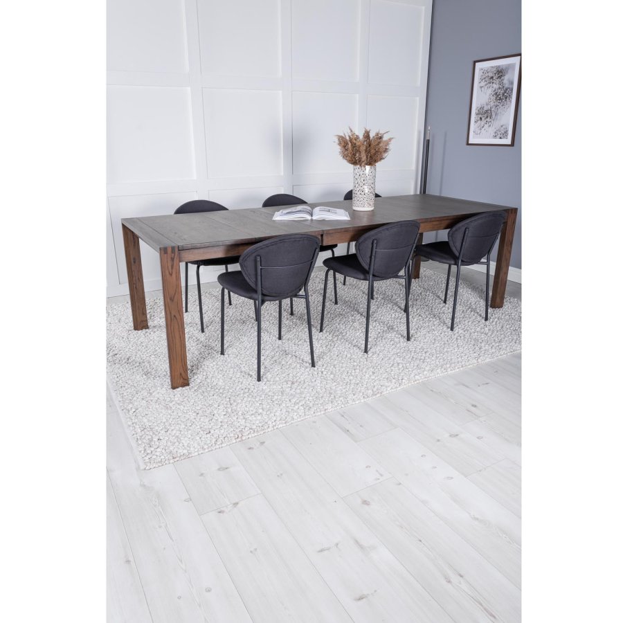 VENTURE DESIGN Slider spisebordsst, m. 6 stole - smoked egefiner/eg og sort stof/sort metal