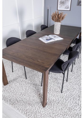 VENTURE DESIGN Slider spisebordsst, m. 6 stole - smoked egefiner/eg og sort stof/sort metal