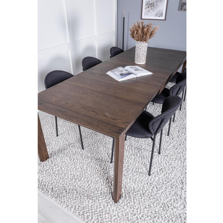 VENTURE DESIGN Slider spisebordsst, m. 6 stole - smoked egefiner/eg og sort stof/sort metal