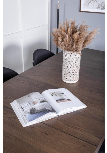 VENTURE DESIGN Slider spisebordsst, m. 6 stole - smoked egefiner/eg og sort stof/sort metal