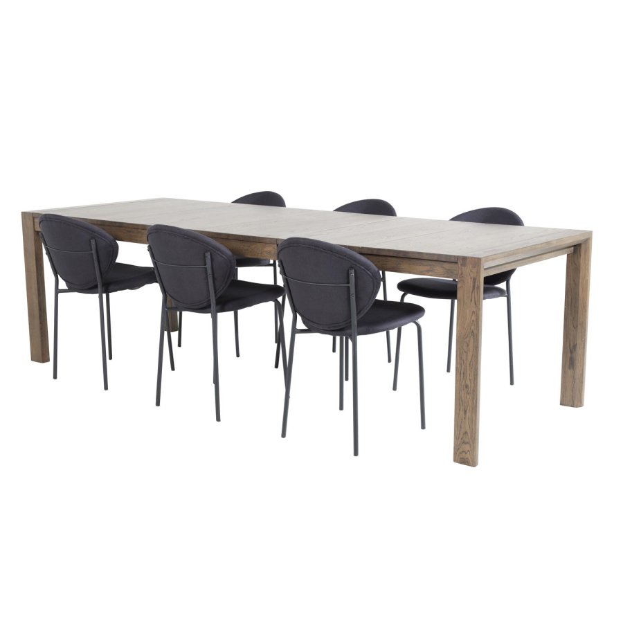 VENTURE DESIGN Slider spisebordsst, m. 6 stole - smoked egefiner/eg og sort stof/sort metal