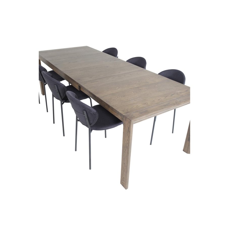 VENTURE DESIGN Slider spisebordsst, m. 6 stole - smoked egefiner/eg og sort stof/sort metal