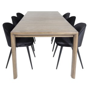 VENTURE DESIGN Slider spisebordsst, m. 6 stole - smoked egefiner/eg og sort velour/sort metal