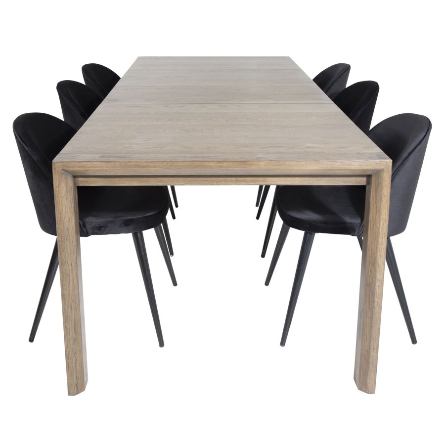VENTURE DESIGN Slider spisebordsst, m. 6 stole - smoked egefiner/eg og sort velour/sort metal