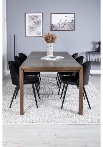 VENTURE DESIGN Slider spisebordsst, m. 6 stole - smoked egefiner/eg og sort velour/sort metal