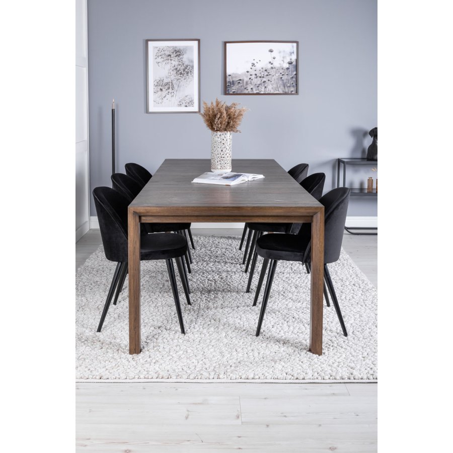 VENTURE DESIGN Slider spisebordsst, m. 6 stole - smoked egefiner/eg og sort velour/sort metal