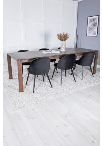 VENTURE DESIGN Slider spisebordsst, m. 6 stole - smoked egefiner/eg og sort velour/sort metal