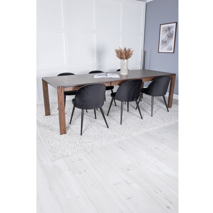 VENTURE DESIGN Slider spisebordsst, m. 6 stole - smoked egefiner/eg og sort velour/sort metal