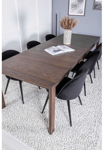 VENTURE DESIGN Slider spisebordsst, m. 6 stole - smoked egefiner/eg og sort velour/sort metal