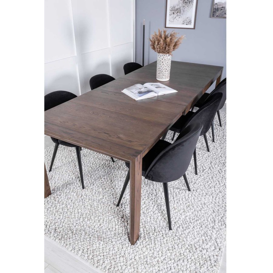 VENTURE DESIGN Slider spisebordsst, m. 6 stole - smoked egefiner/eg og sort velour/sort metal