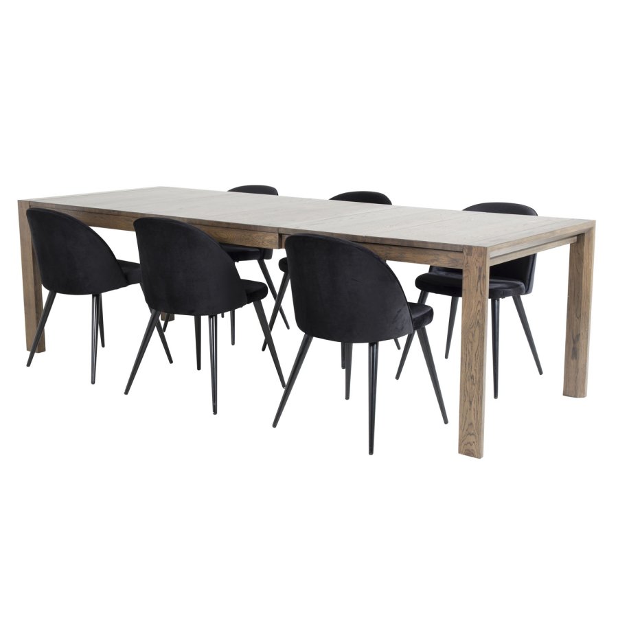 VENTURE DESIGN Slider spisebordsst, m. 6 stole - smoked egefiner/eg og sort velour/sort metal