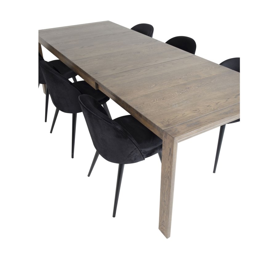 VENTURE DESIGN Slider spisebordsst, m. 6 stole - smoked egefiner/eg og sort velour/sort metal