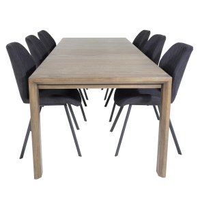 VENTURE DESIGN Slider spisebordsst, m. 6 stole - smoked egefiner/eg og sort stof/sort metal