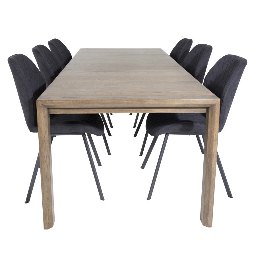 VENTURE DESIGN Slider spisebordsst, m. 6 stole - smoked egefiner/eg og sort stof/sort metal
