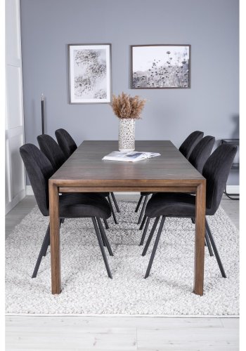VENTURE DESIGN Slider spisebordsst, m. 6 stole - smoked egefiner/eg og sort stof/sort metal