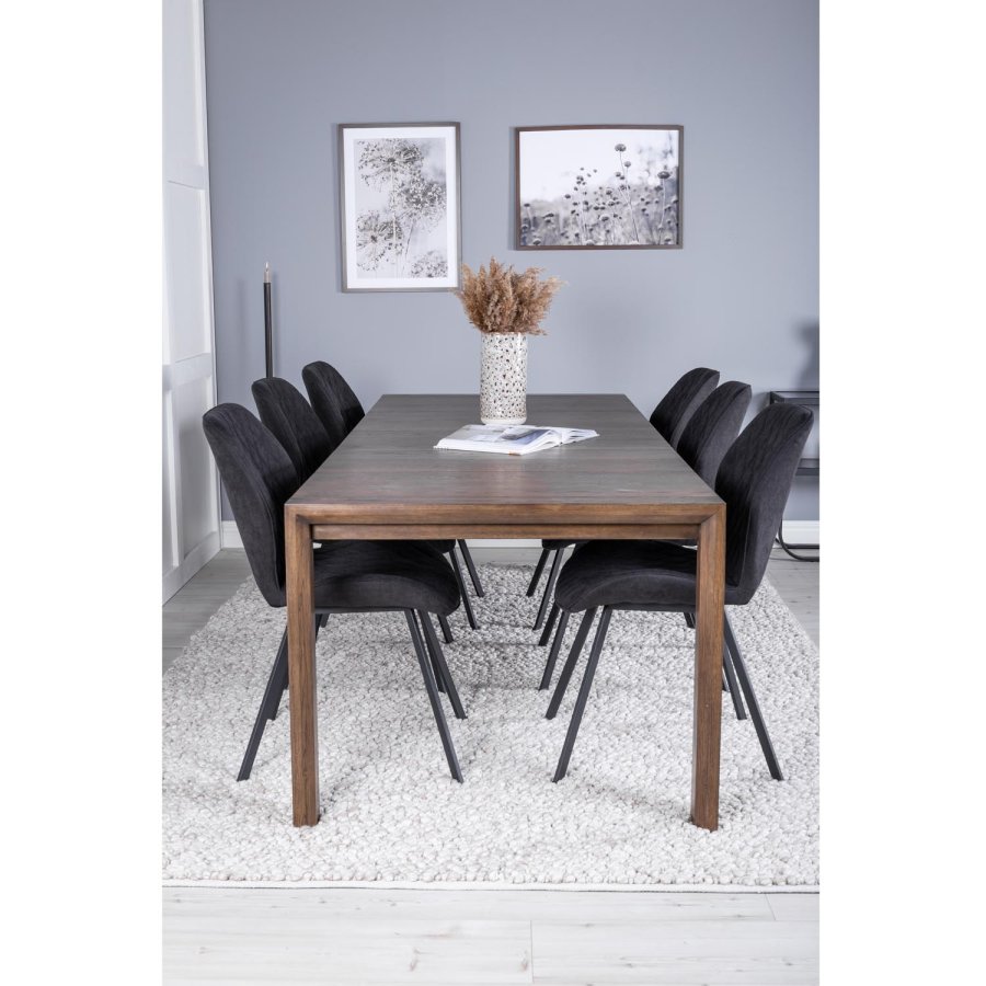 VENTURE DESIGN Slider spisebordsst, m. 6 stole - smoked egefiner/eg og sort stof/sort metal