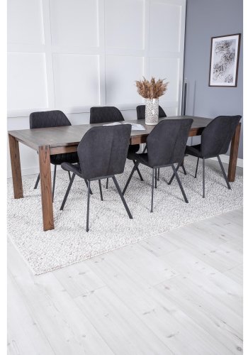 VENTURE DESIGN Slider spisebordsst, m. 6 stole - smoked egefiner/eg og sort stof/sort metal