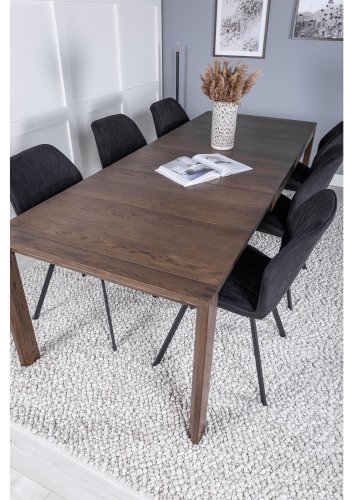 VENTURE DESIGN Slider spisebordsst, m. 6 stole - smoked egefiner/eg og sort stof/sort metal