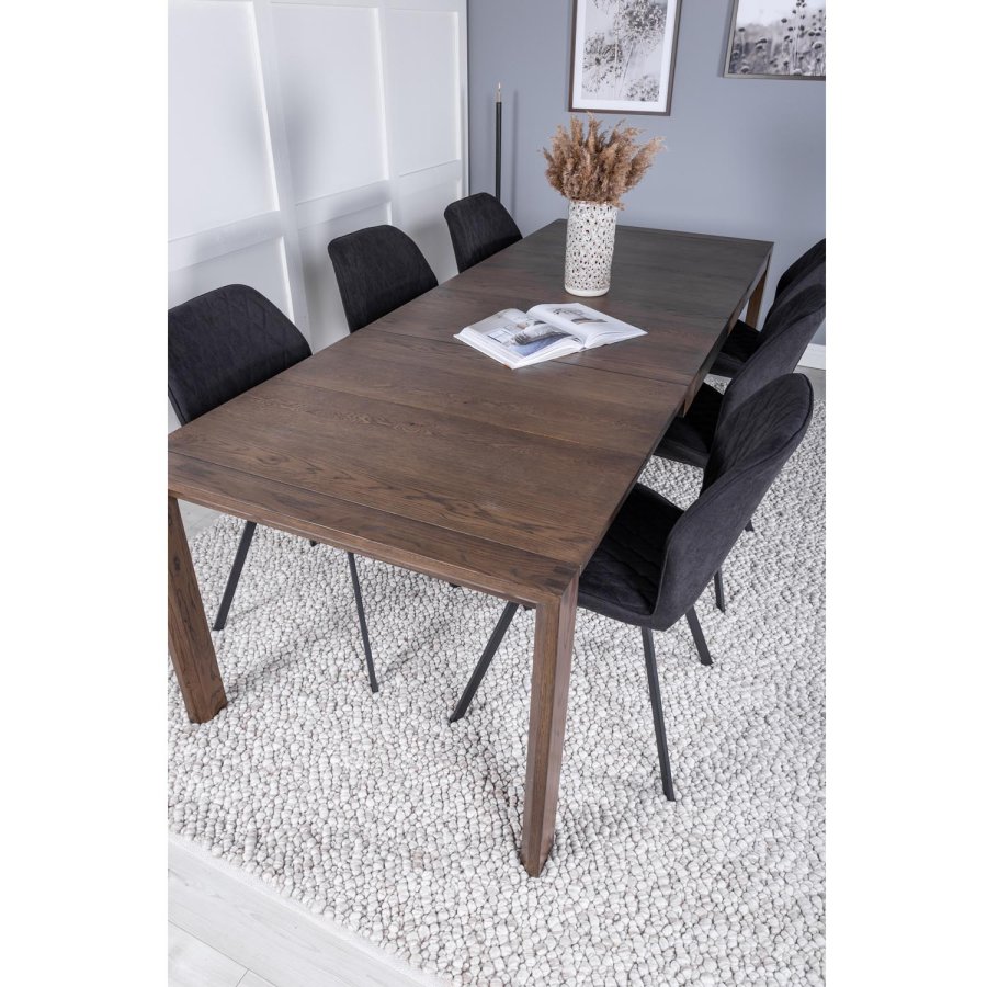 VENTURE DESIGN Slider spisebordsst, m. 6 stole - smoked egefiner/eg og sort stof/sort metal