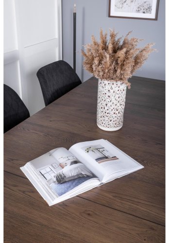 VENTURE DESIGN Slider spisebordsst, m. 6 stole - smoked egefiner/eg og sort stof/sort metal