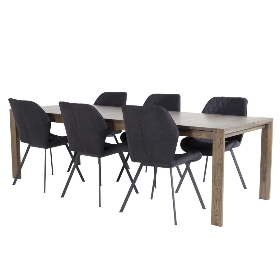 VENTURE DESIGN Slider spisebordsst, m. 6 stole - smoked egefiner/eg og sort stof/sort metal