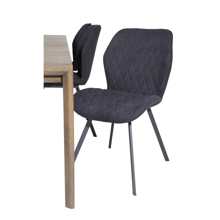 VENTURE DESIGN Slider spisebordsst, m. 6 stole - smoked egefiner/eg og sort stof/sort metal