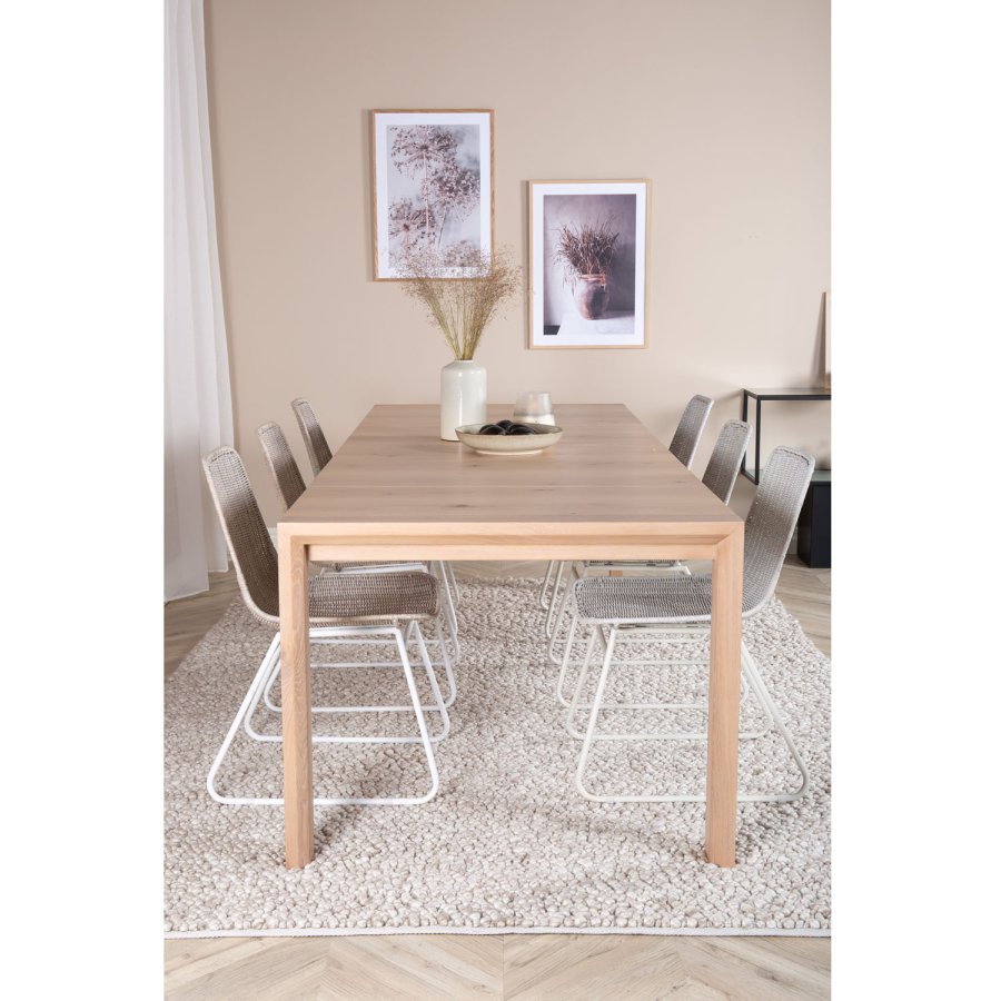 VENTURE DESIGN Slider spisebordsst, m. 6 stole - hvidvasket egefiner/eg og hvid rattan/hvid metal
