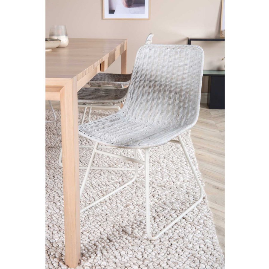 VENTURE DESIGN Slider spisebordsst, m. 6 stole - hvidvasket egefiner/eg og hvid rattan/hvid metal