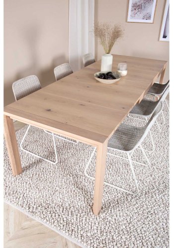 VENTURE DESIGN Slider spisebordsst, m. 6 stole - hvidvasket egefiner/eg og hvid rattan/hvid metal