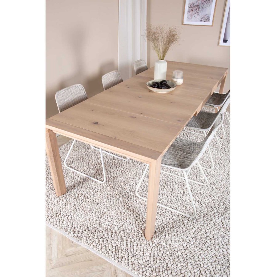 VENTURE DESIGN Slider spisebordsst, m. 6 stole - hvidvasket egefiner/eg og hvid rattan/hvid metal