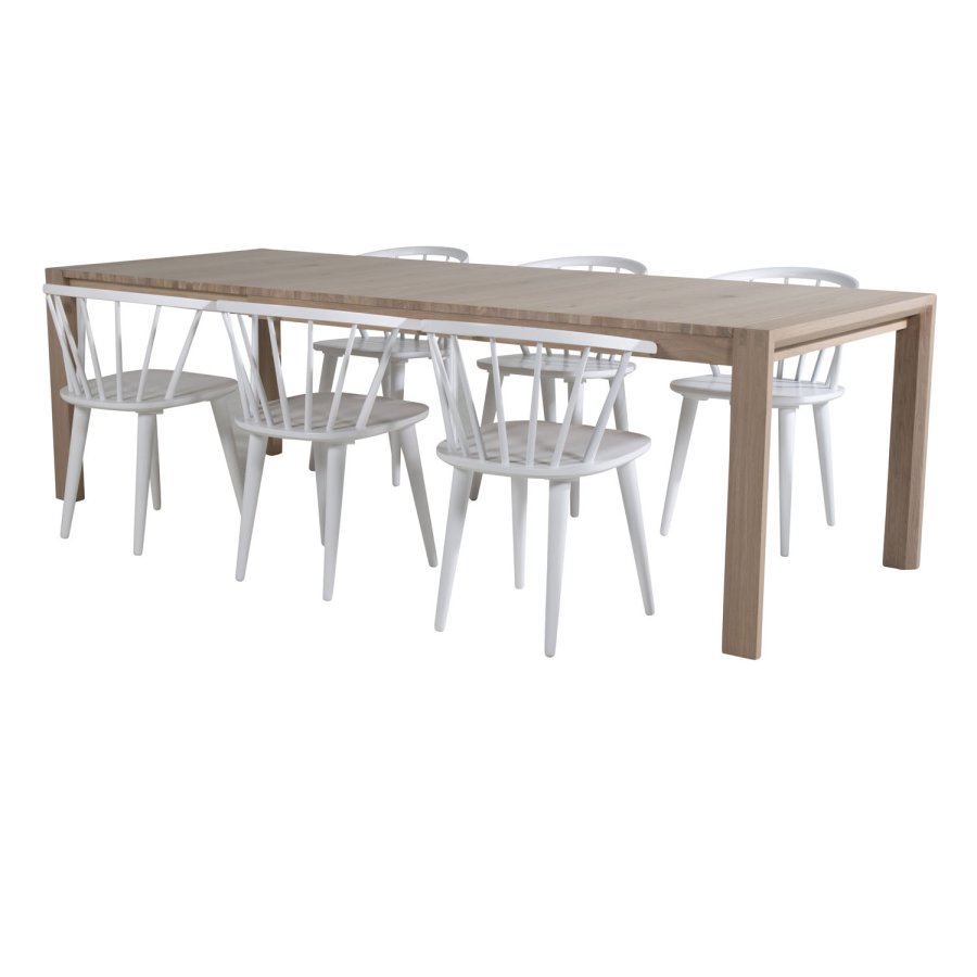 VENTURE DESIGN Slider spisebordsst, m. 6 stole - hvidvasket egefiner/eg og hvid rattan/hvid metal