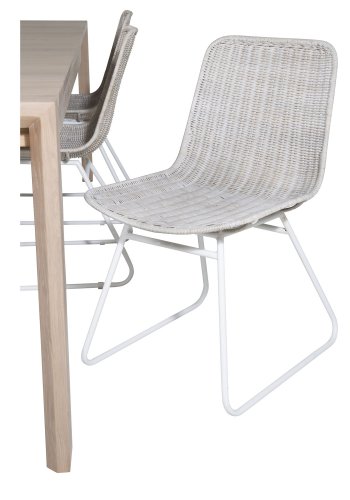 VENTURE DESIGN Slider spisebordsst, m. 6 stole - hvidvasket egefiner/eg og hvid rattan/hvid metal