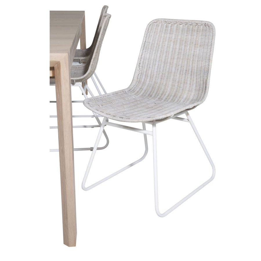 VENTURE DESIGN Slider spisebordsst, m. 6 stole - hvidvasket egefiner/eg og hvid rattan/hvid metal