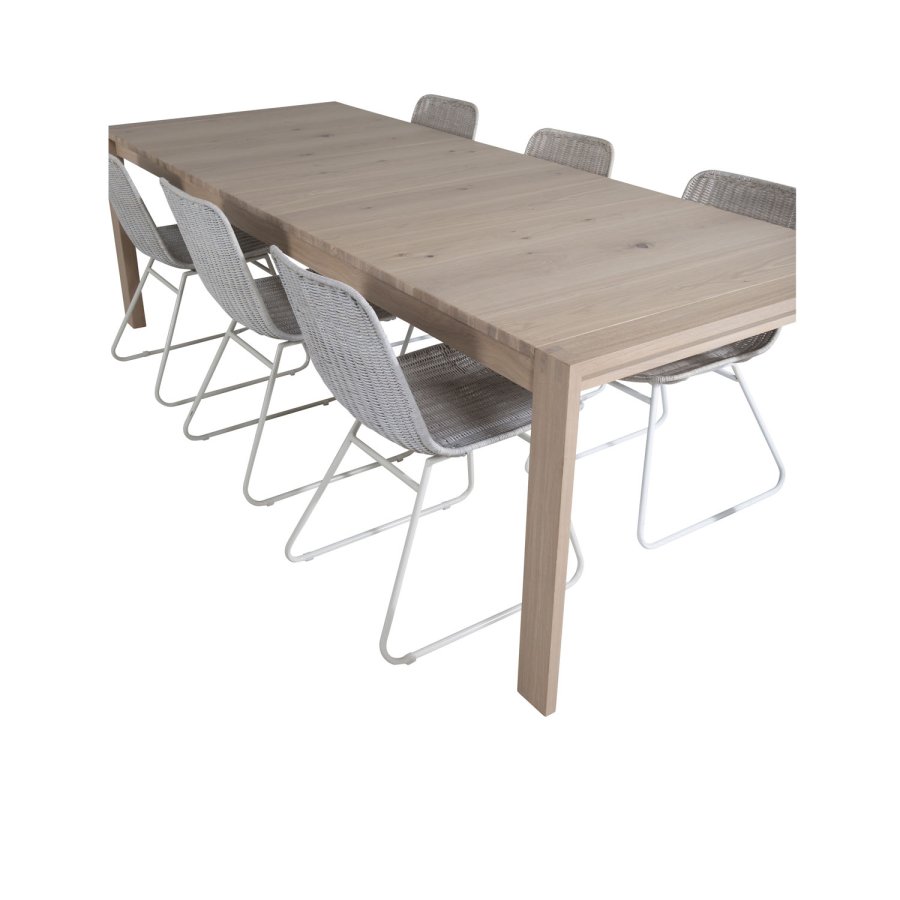 VENTURE DESIGN Slider spisebordsst, m. 6 stole - hvidvasket egefiner/eg og hvid rattan/hvid metal
