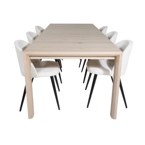 VENTURE DESIGN Slider spisebordsst, m. 6 stole - hvidvasket egefiner/eg og beige fljl/sort metal