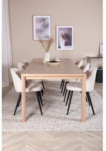 VENTURE DESIGN Slider spisebordsst, m. 6 stole - hvidvasket egefiner/eg og beige fljl/sort metal