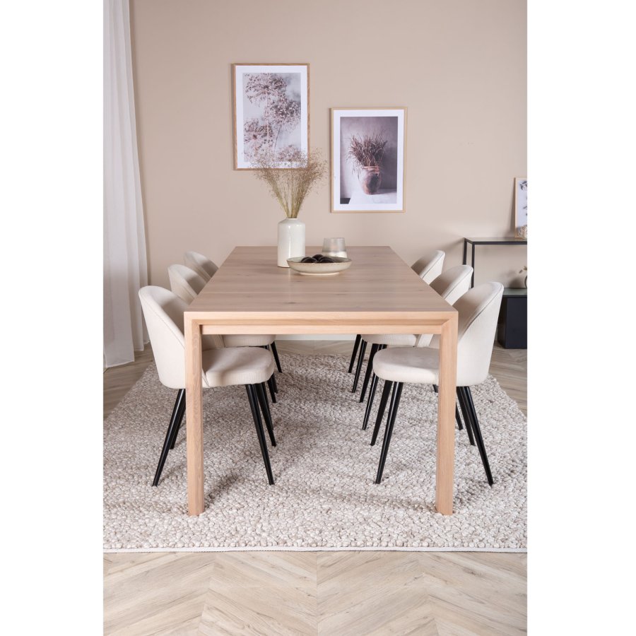VENTURE DESIGN Slider spisebordsst, m. 6 stole - hvidvasket egefiner/eg og beige fljl/sort metal