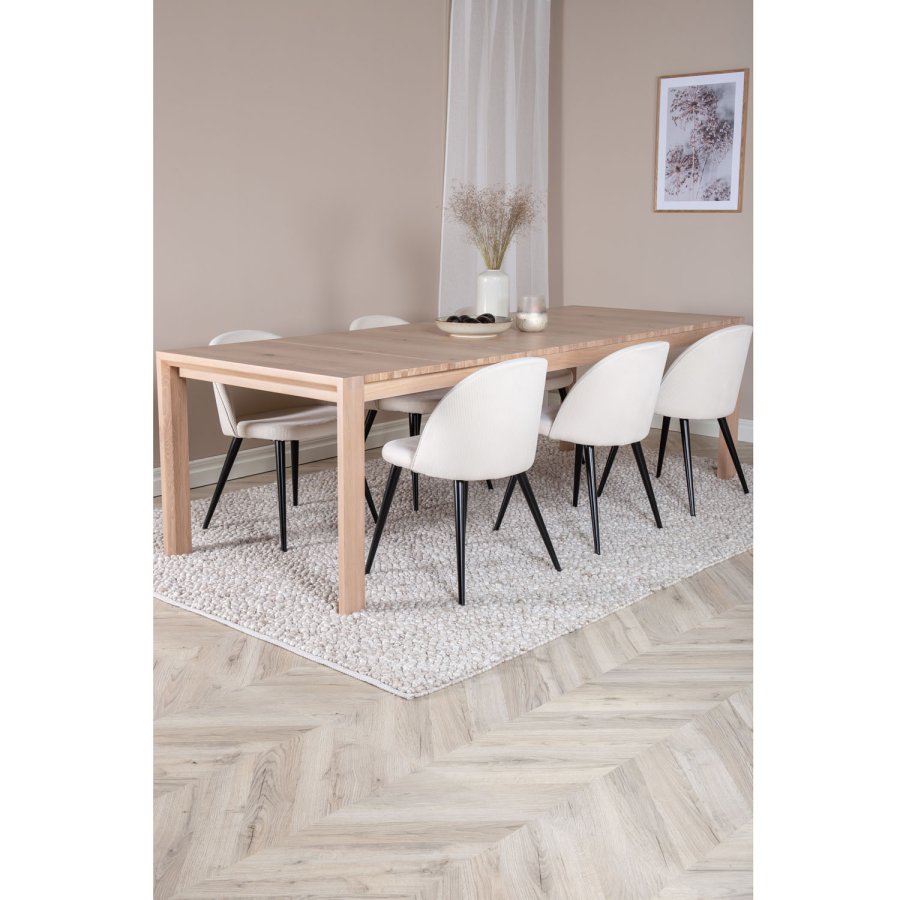 VENTURE DESIGN Slider spisebordsst, m. 6 stole - hvidvasket egefiner/eg og beige fljl/sort metal